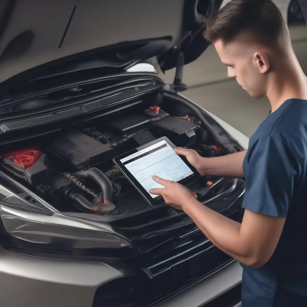 Mechanic using an Android Scan Tool to diagnose a car problem